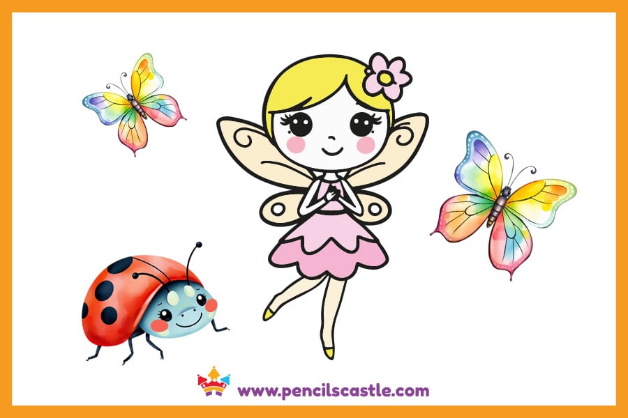 fairy drawing with butterflies and a ladybug