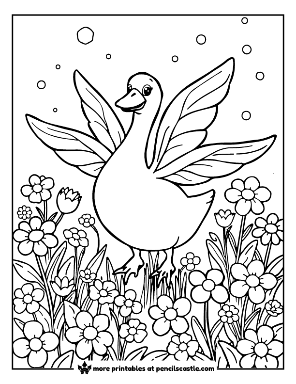 goose with fairy wings flying over flowers coloring page