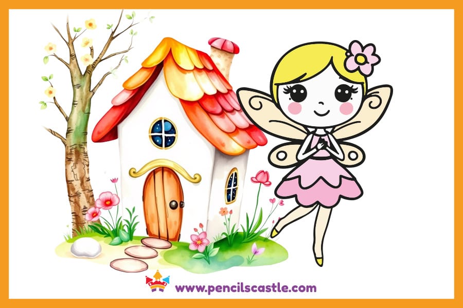 fairy drawing near a fairy house