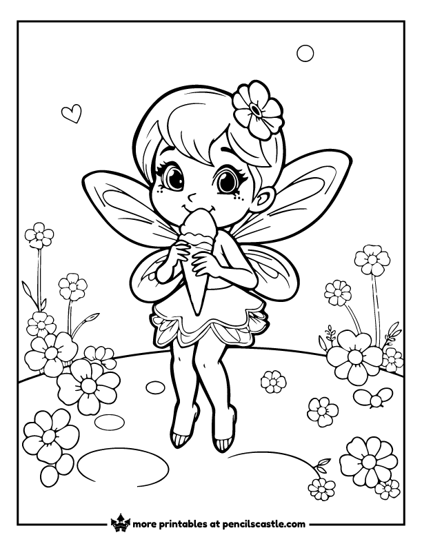 fairy enjoying a cone of ice cream coloring page