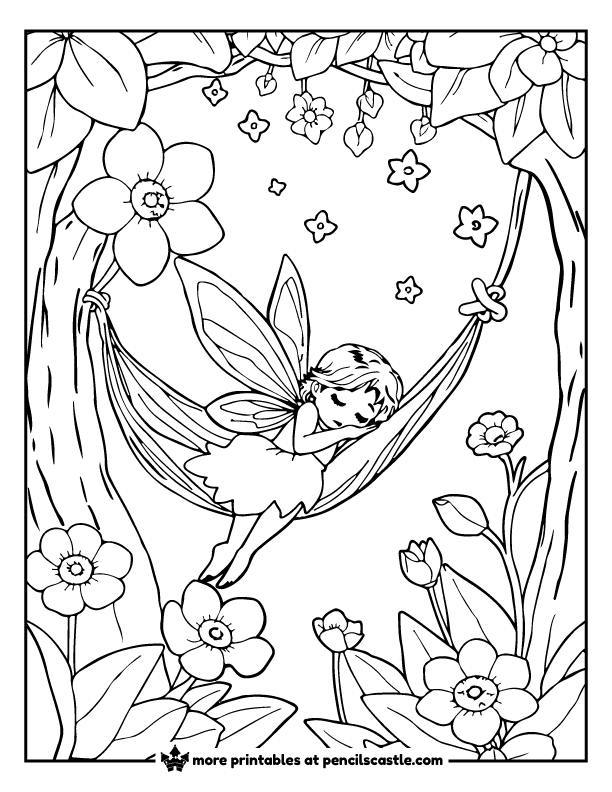 Fairy napping in a hammock with flowers and vines coloring page