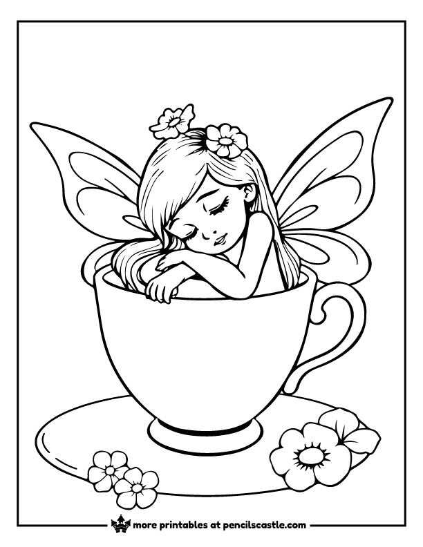 cute fairy napping inside a teacup coloring page