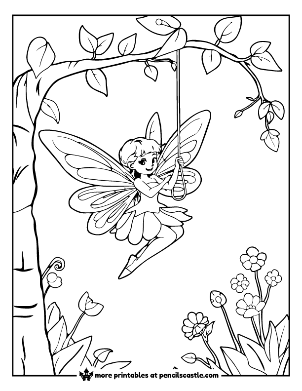 fairy swinging on a vine surrounded by flowers coloring page