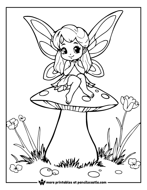 fairy sitting on a mushroom coloring sheet
