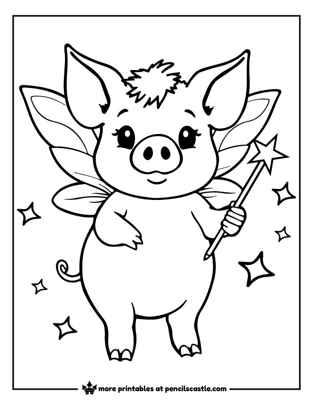 pig with fairy wings, holding a magic wand surrounded by stars coloring page