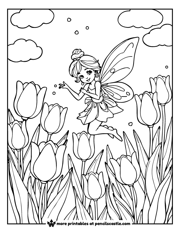 fairy flying among blooming tulips coloring page