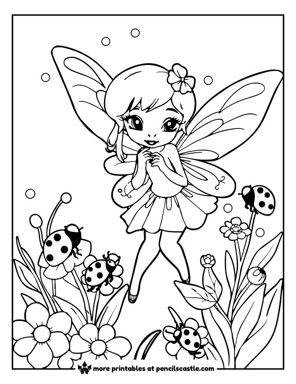 fairy meeting ladybugs crawling on flowers coloring page
