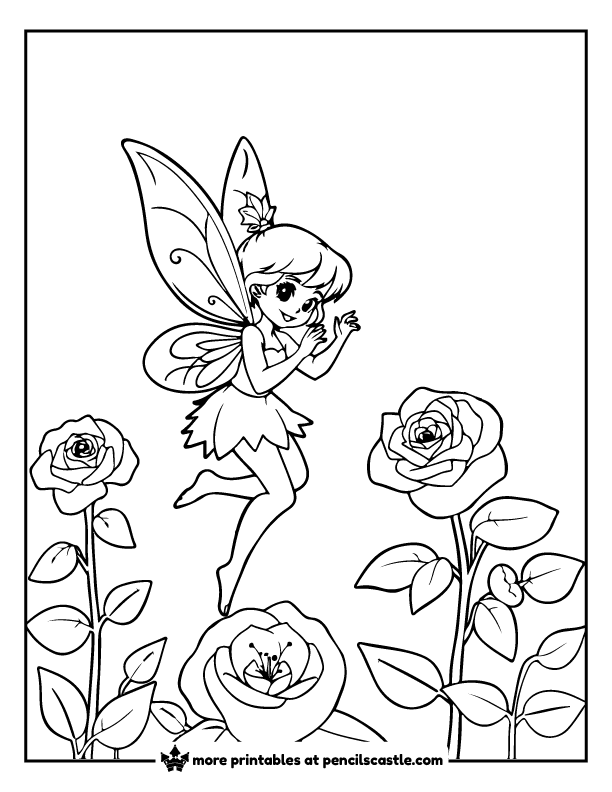 fairy exploring blooming roses coloring page