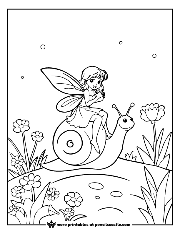 fairy riding a friendly snail through the garden coloring sheet
