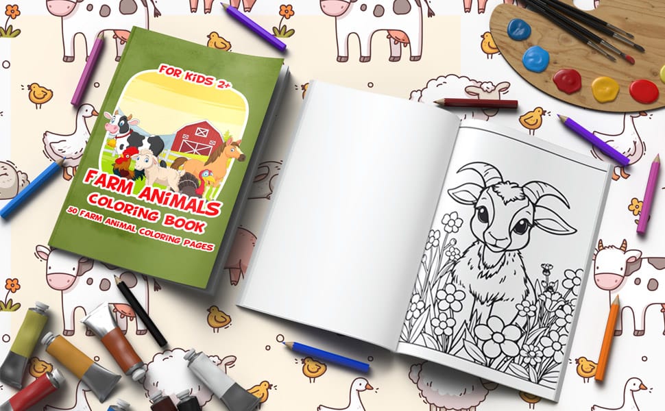 farm animals coloring book featuring farm animal coloring pages surrounded by pencils, paint tubes, and a paint palette