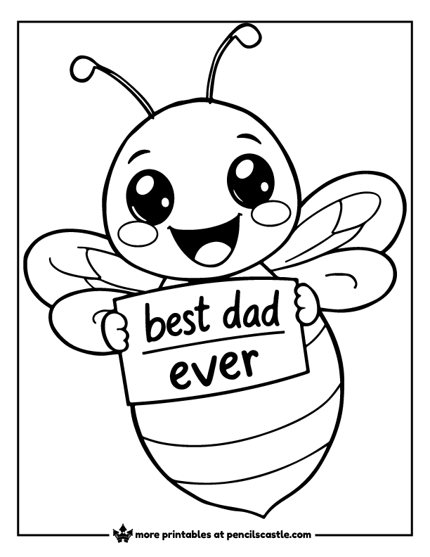 bee holding 'best dad ever' sign coloring page