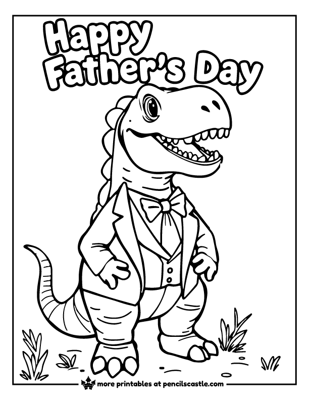T-Rex dinosaur dad in a suit and a bow tie with 'happy father's day' text at the top coloring page