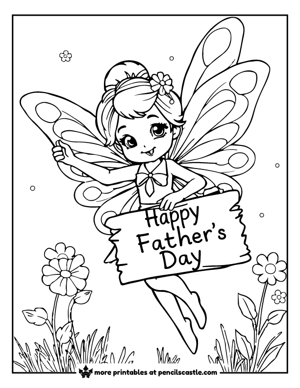 fairy holding a 'happy father’s day' sign coloring sheet