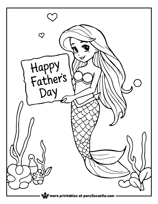 mermaid holding a 'happy father's day' sign coloring sheet