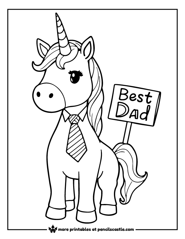 unicorn dad with a tie and “Best Dad” sign coloring page