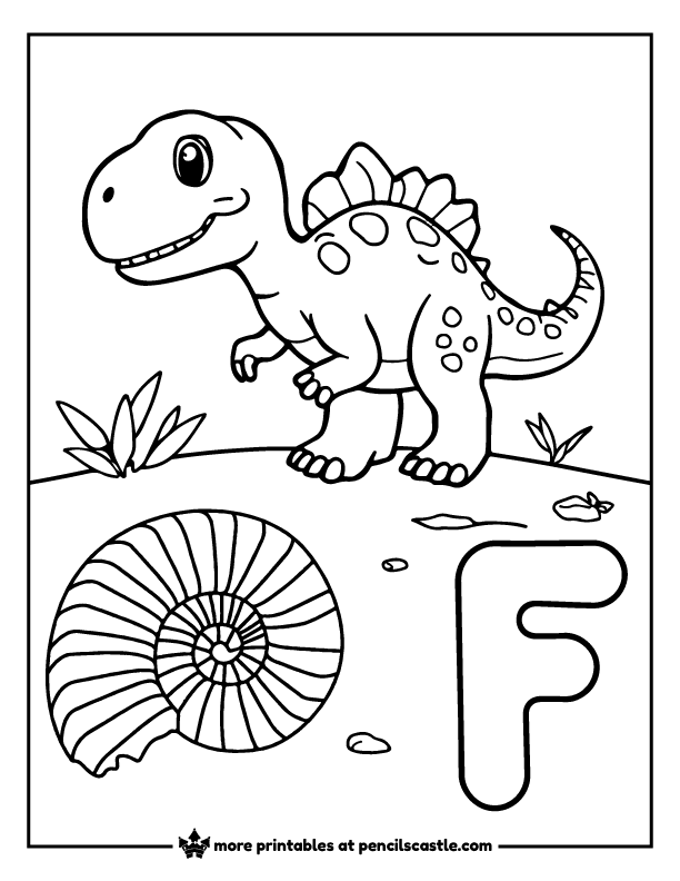 dinosaur standing next to letter F and a fossil coloring page