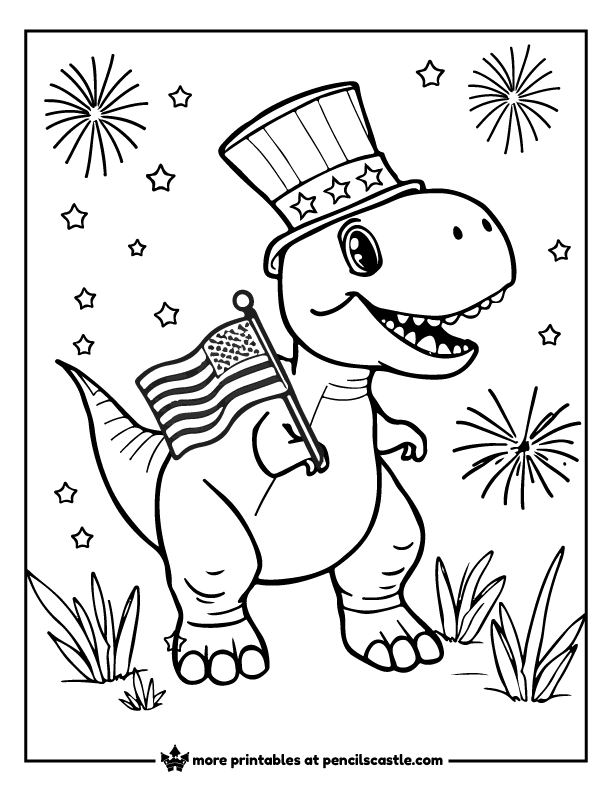 dinosaur in a 4th of July hat, holding a us flag with stars and fireworks coloring page