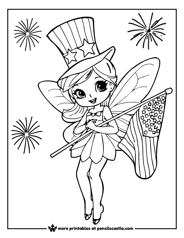 fairy wearing a 4th of July hat and holding a us flag coloring sheet