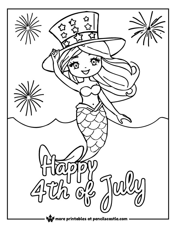 mermaid in a 4th of July hat with fireworks and 'happy 4th of July' text coloring sheet