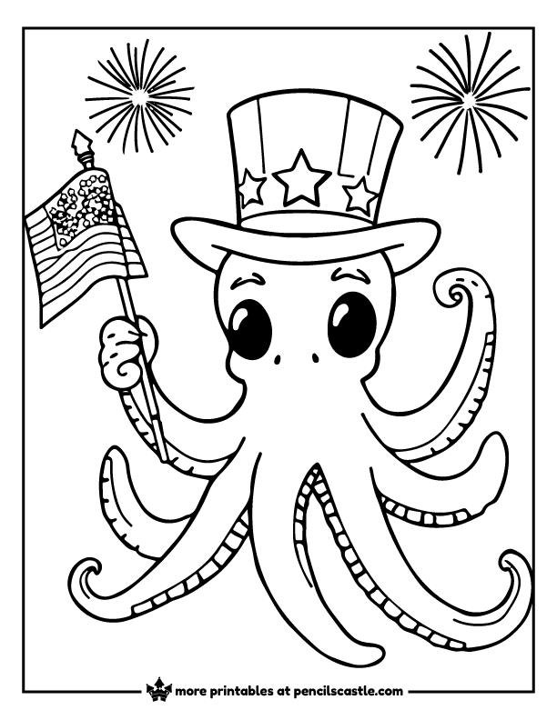 Patriotic octopus in a 4th of July hat holding an American flag coloring page