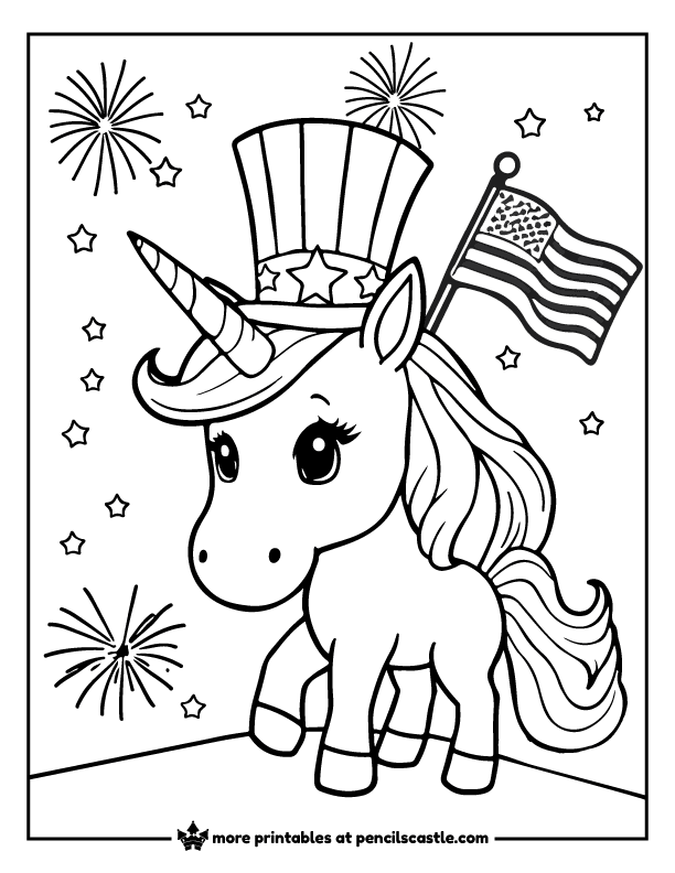 unicorn in a fourth of July hat with a us flag, stars, and fireworks coloring page