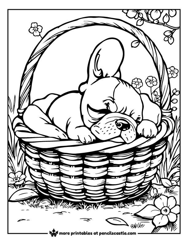 French Bulldog puppy snoozing in a cozy basket coloring sheet