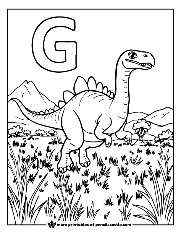 Gallimimus walking through grasslands and mountains near a letter G coloring page