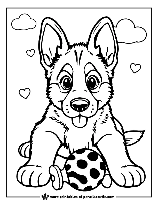 German Shepherd puppy playing with a toy coloring sheet