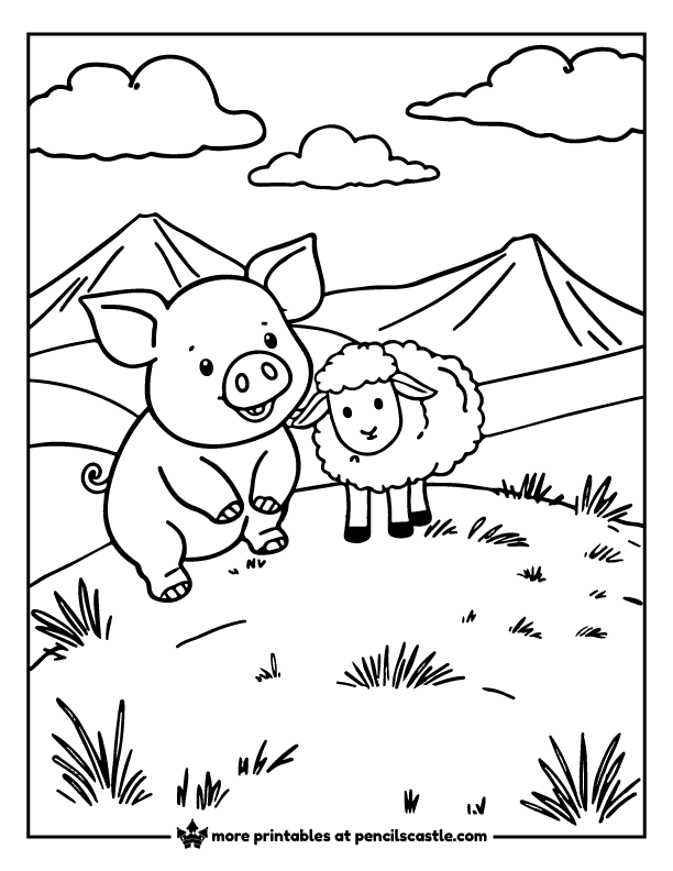 pig next to a sheep in a meadow with mountains and clouds coloring page