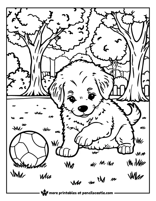 Golden Retriever puppy playing with a ball in a park coloring page