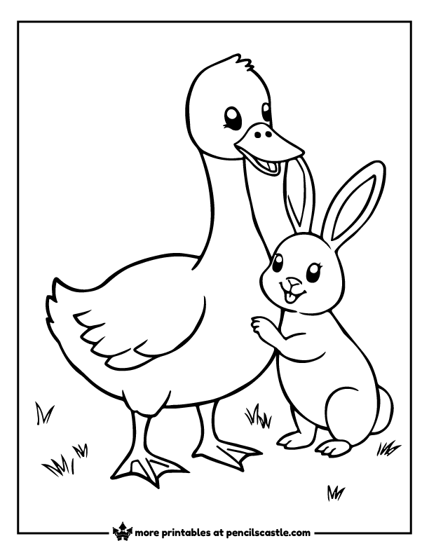 cute bunny hugging a goose coloring page