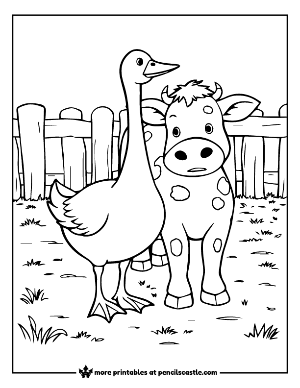 goose standing next to a cow in a grassy area with a wooden fence coloring page