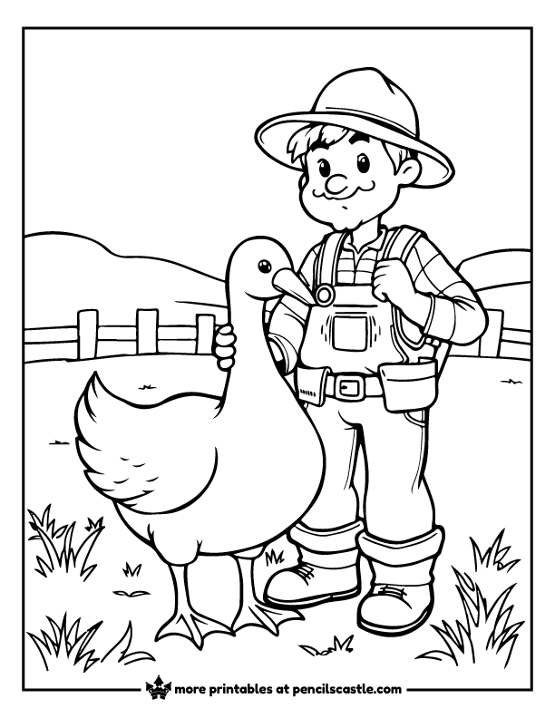 goose standing next to a farmer wearing overalls and a hat, with a fence and hills in the background coloring page