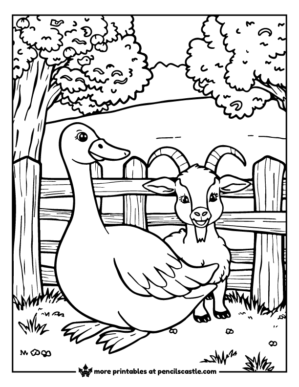 goose sitting next to a goat in a farmyard with a wooden fence and trees coloring page