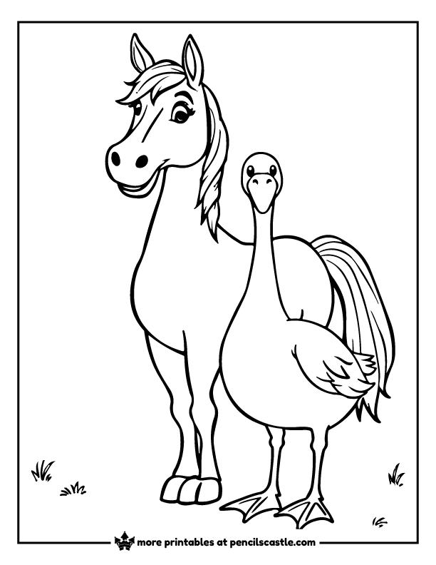 goose standing next to a horse coloring page