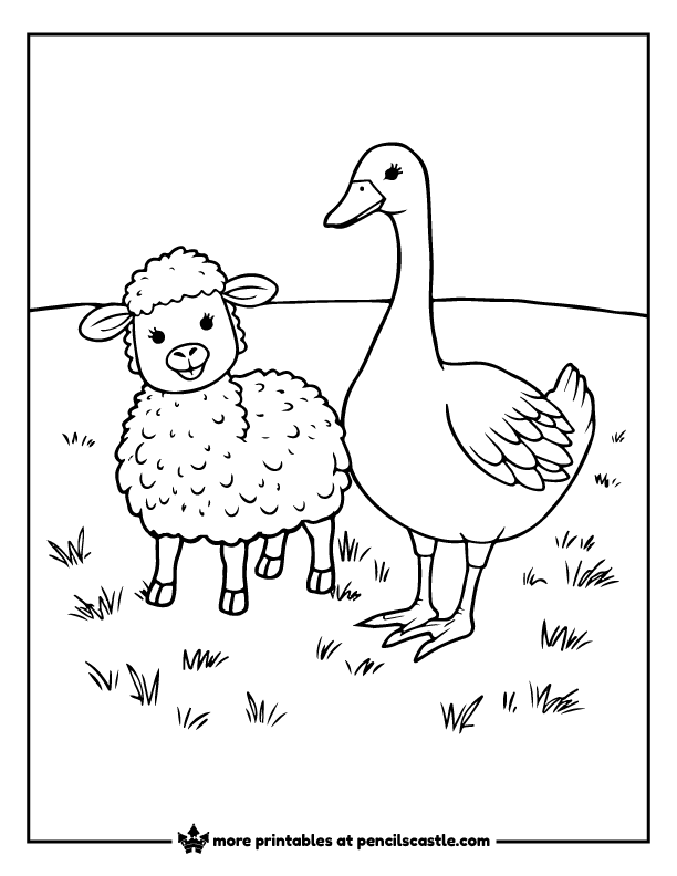 goose standing next to a sheep in a grassy field coloring page