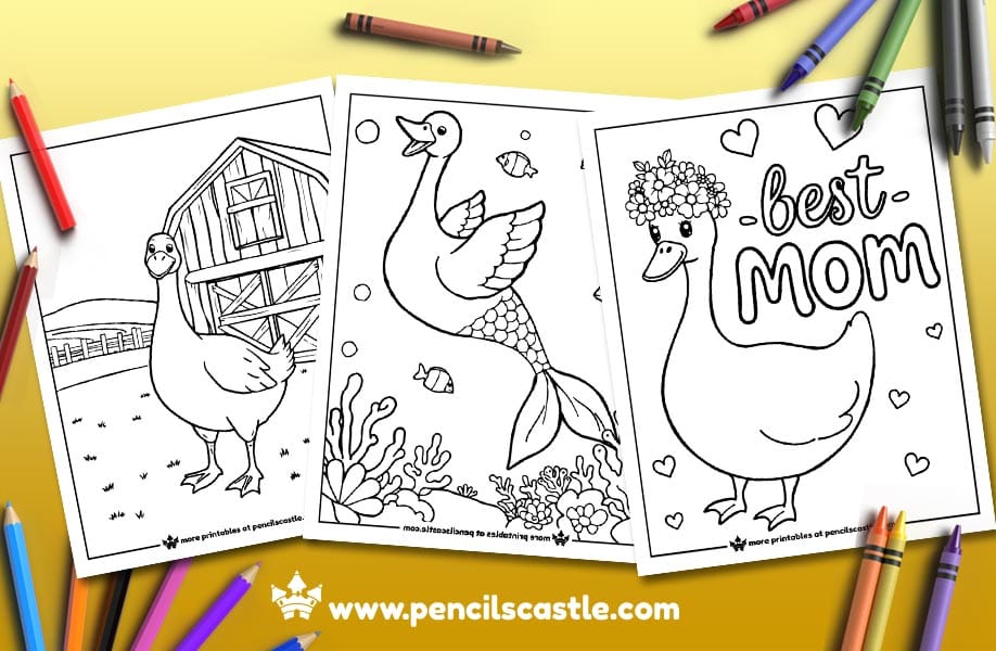three goose coloring pages with pencils and crayons on a yellow background