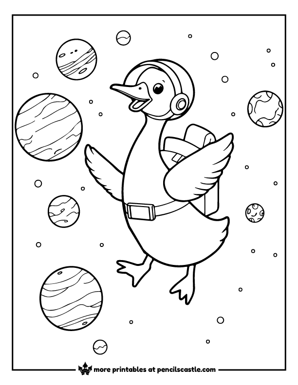 goose wearing a space helmet and suit, floating with planets and stars coloring page