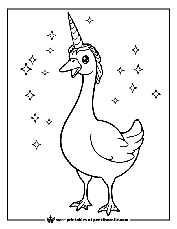 goose with a unicorn horn, surrounded by sparkling stars coloring page