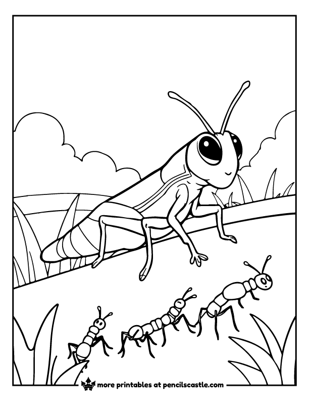 grasshopper observing a line of hardworking ants coloring sheet