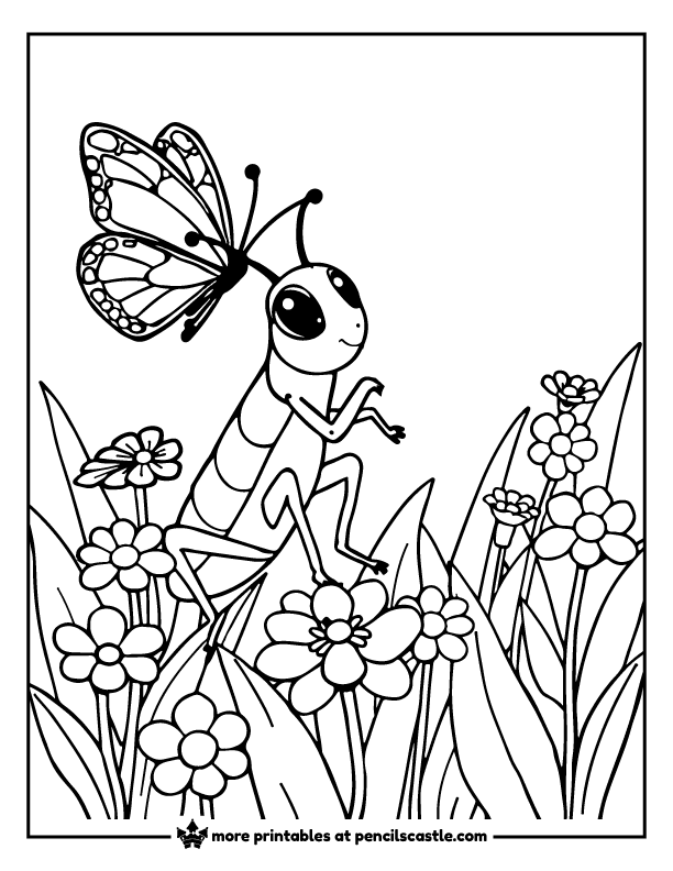 grasshopper and butterfly in a flower garden coloring page