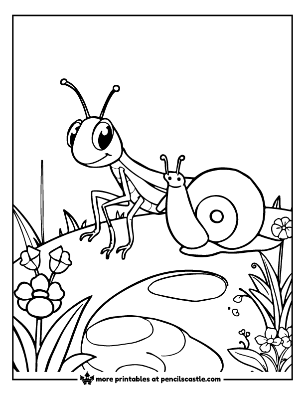 grasshopper walking next to a snail in a garden coloring sheet