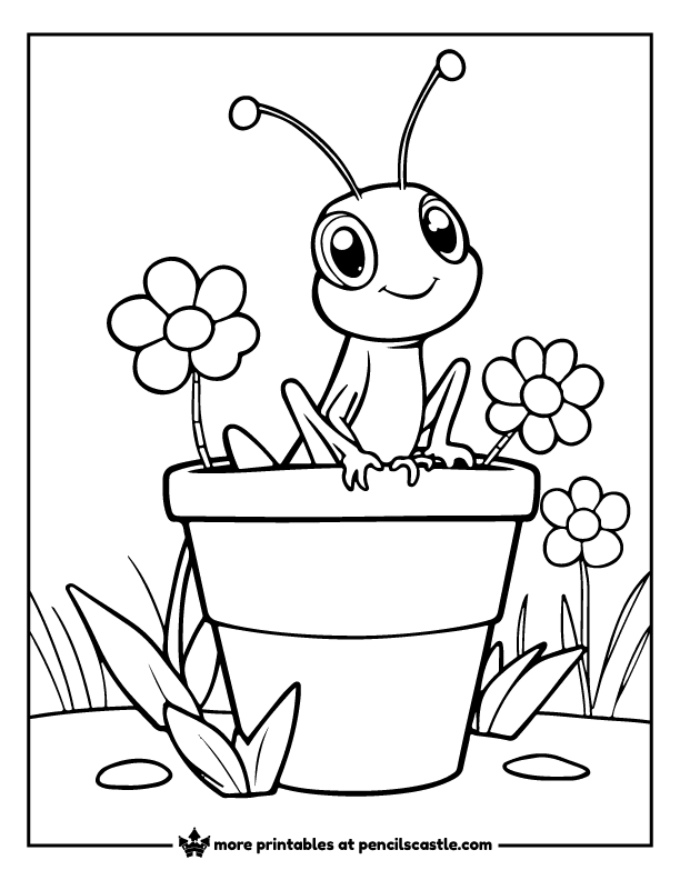 grasshopper peeking out from a flower pot coloring sheet
