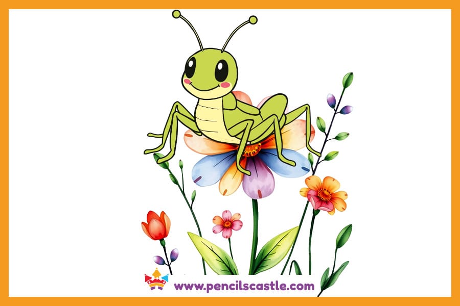 Grasshopper drawing on a colorful wild flower