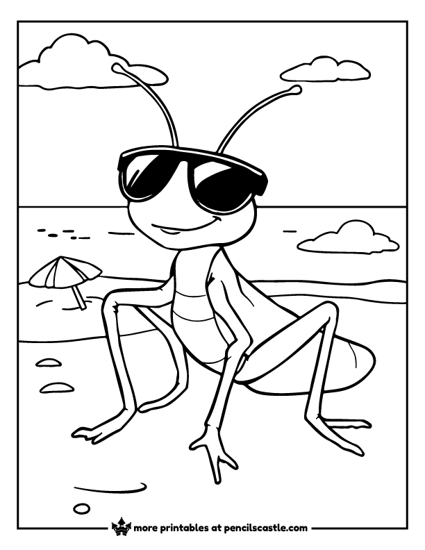 grasshopper in sunglasses relaxing at the beach coloring page