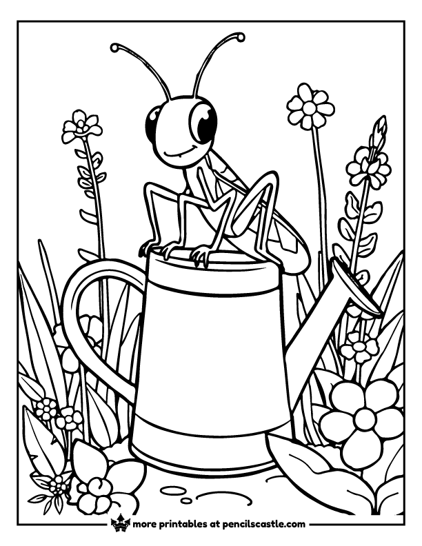 grasshopper climbing on a watering can surrounded by plants and flowers coloring page