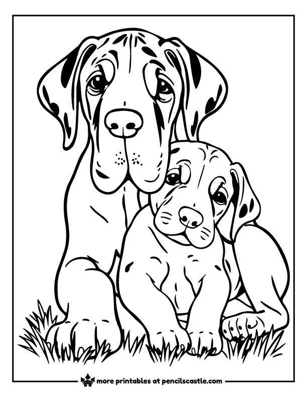 Great Dane Puppy and mom cuddling on the grass coloring page