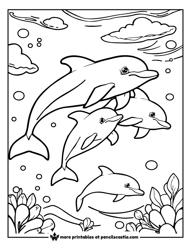 Pod of dolphins traveling together through the sea coloring sheet