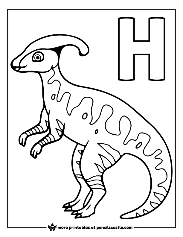 hadrosaur dinosaur next to letter H coloring page