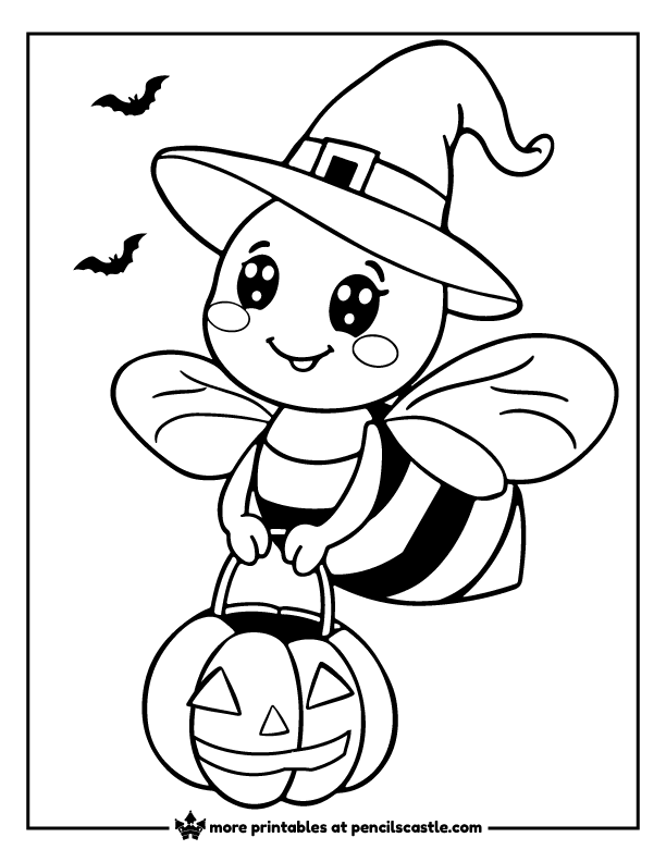 bee wearing a witch hat carrying a pumpkin bucket coloring sheet